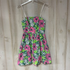 Lilly Pulitzer green and pink floral butterfly pattern strapless dress, sz 0